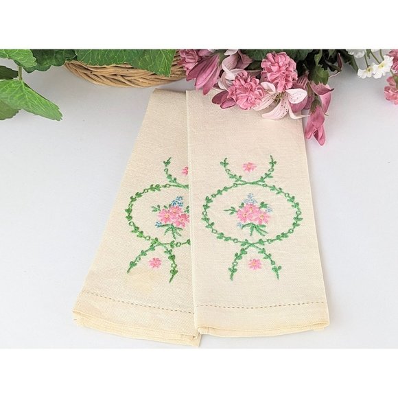 Pair of Embroidered Linen Tea Towels Vintage Cream Linen Hand Towels Pink Floral - Picture 10 of 10